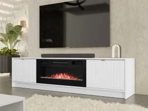 Тумба под телевизор Razimo EF с электрокамином, белый бархат / золотой