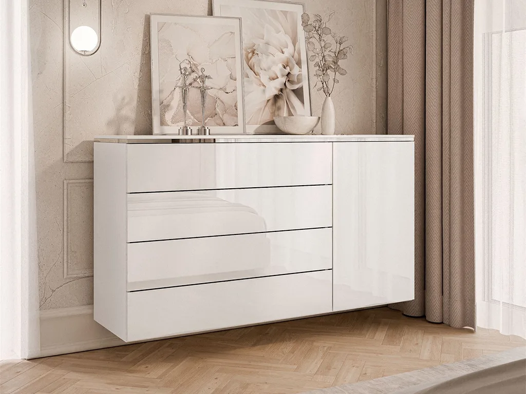 Комод навесной Aurora Silver 4S1D, белый / белый глянец / серебряный - Mebel-Trade — Больше чем интернет-магазин!