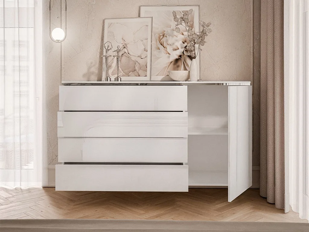 Комод навесной Aurora Silver 4S1D, белый / белый глянец / серебряный - Mebel-Trade — Больше чем интернет-магазин!