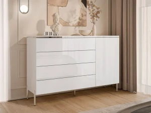 Комод на прямых ножках Aurora Silver 4S1D, белый / белый глянец / серебряный