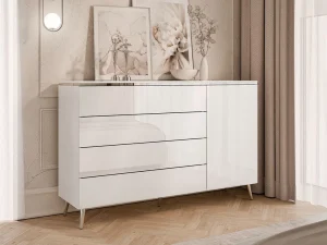 Комод на косых ножках Aurora Silver 4S1D, белый / белый глянец / серебряный - Mebel-Trade — Больше чем интернет-магазин!