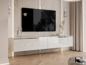Тумба под телевизор навесная Aurora Silver 180, белый глянец / серебряный