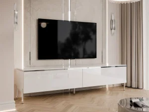 Тумба под телевизор на прямых ножках Aurora Silver 180, белый глянец / серебряный