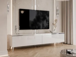Тумба под телевизор на косых ножках Aurora Silver 180, белый глянец / серебряный
