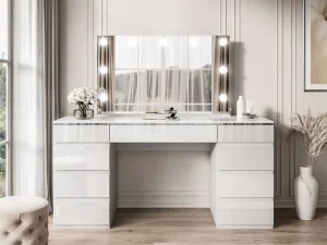 Туалетный столик с зеркалом Aurora Double Silver, белый глянец / серебряный