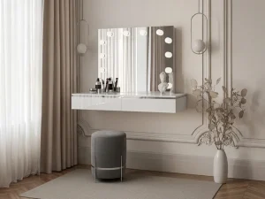Подвесной туалетный столик Aurora Silver Elite с зеркалом, белый глянец / серебряный