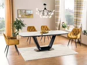Раскладной обеденный стол Armani Ceramic, 90x160(220), белый мрамор / черный