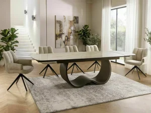 Раскладной обеденный стол Casablanca Ceramic, 98x200(250), бежевый мрамор / медный